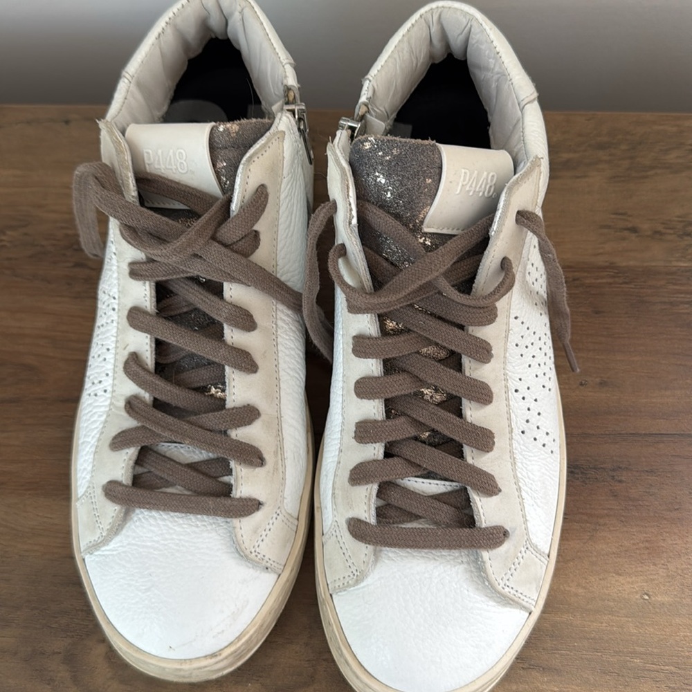 P448 Mid Top side zipper White Perforated High-Top Sneakers with Brown Laces - Picture 12 of 12